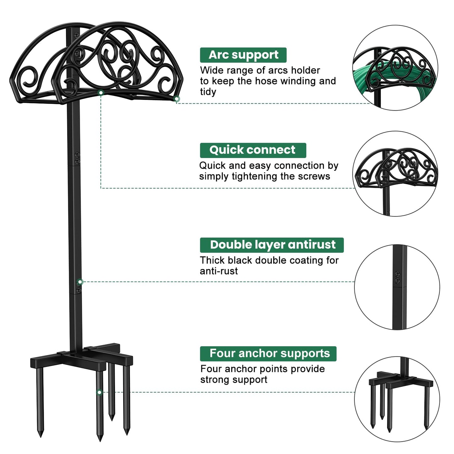 Sunvigor Garden Hose Holder Detachable Water Hose Holder, Thicker Metal Hose Stand Storage Rack, Freestanding Hose Storage for Outdoor, Yard, Lawn