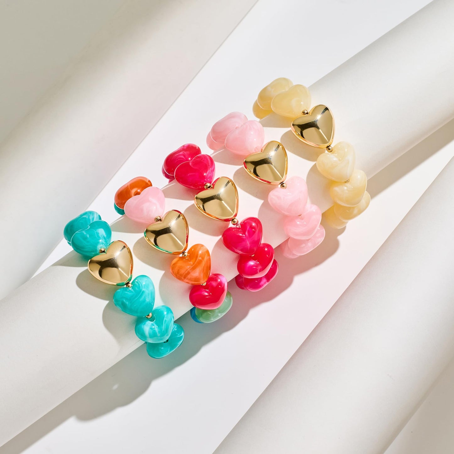 INNERDIVA Chunky Heart Beaded Bracelets for Women Trendy Statement Big Large Turquoise Resin Bubble Bead Stretch Bracelet Summer Beach Beachy Boho Hand Gemstone Womens Jewelry Charm Cute Gifts Stuff