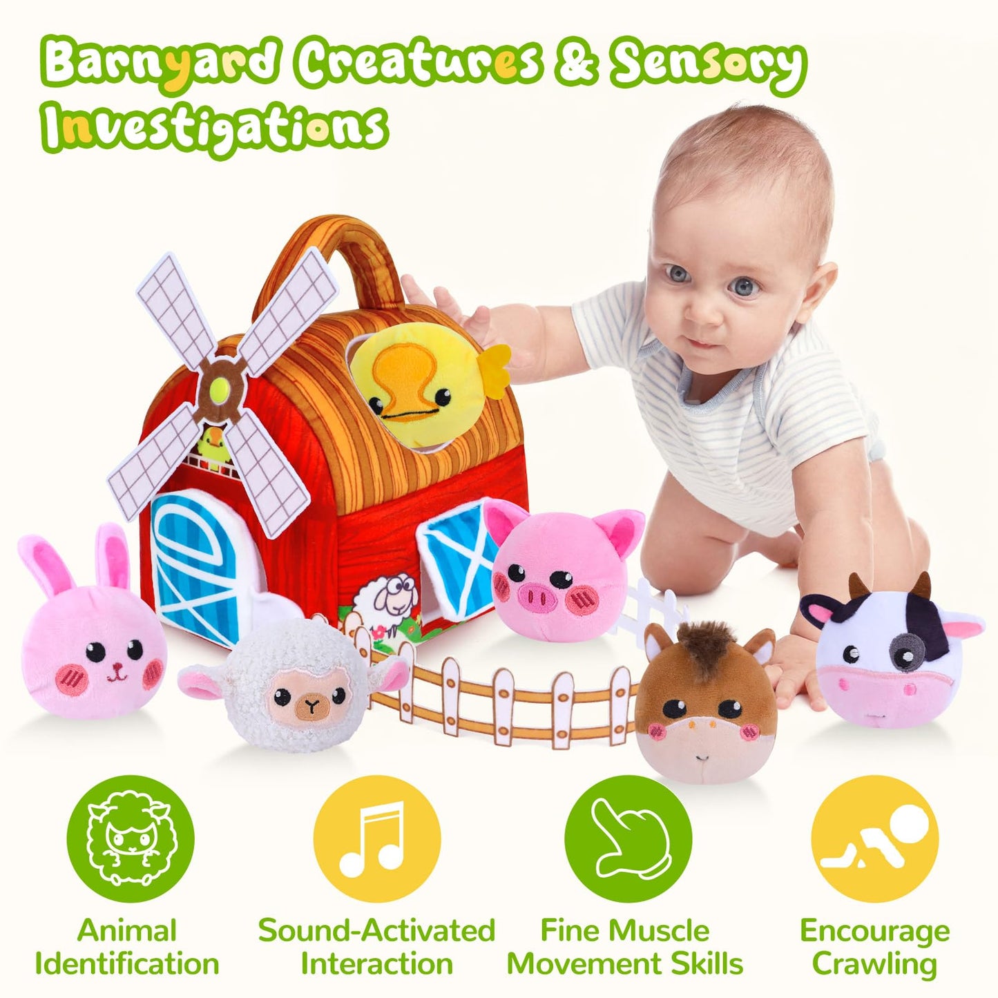 Baby Toys 6-12 Months, Barn Farm Soft Stuffed Animal Set with Windmill Fence Rattle Crinkle Paper, Sensory Toys for Babies Toddlers Montessori Toys for 6 9 Months Old Boy Girl