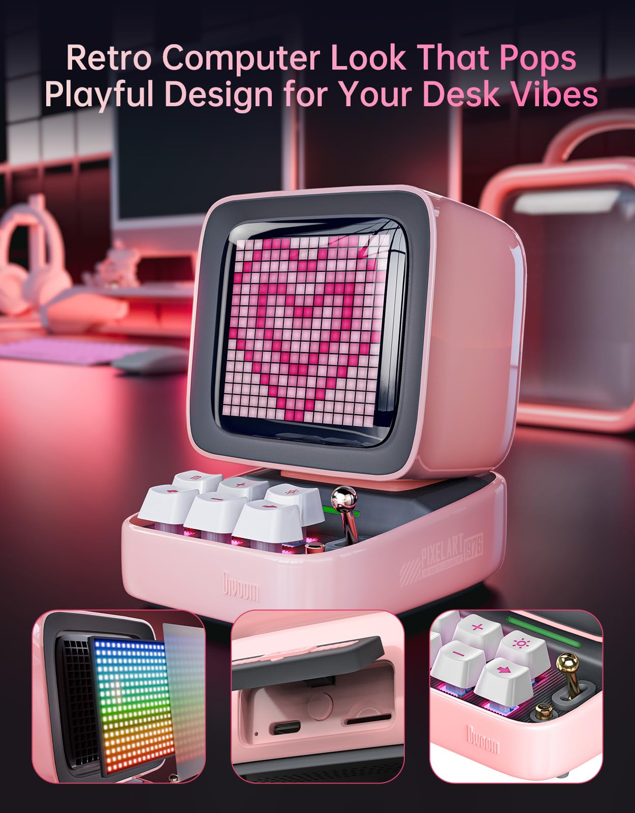Divoom Ditoo Retro Pixel Art Game Bluetooth Speaker with 16X16 LED App Controlled Front Screen (Pink)