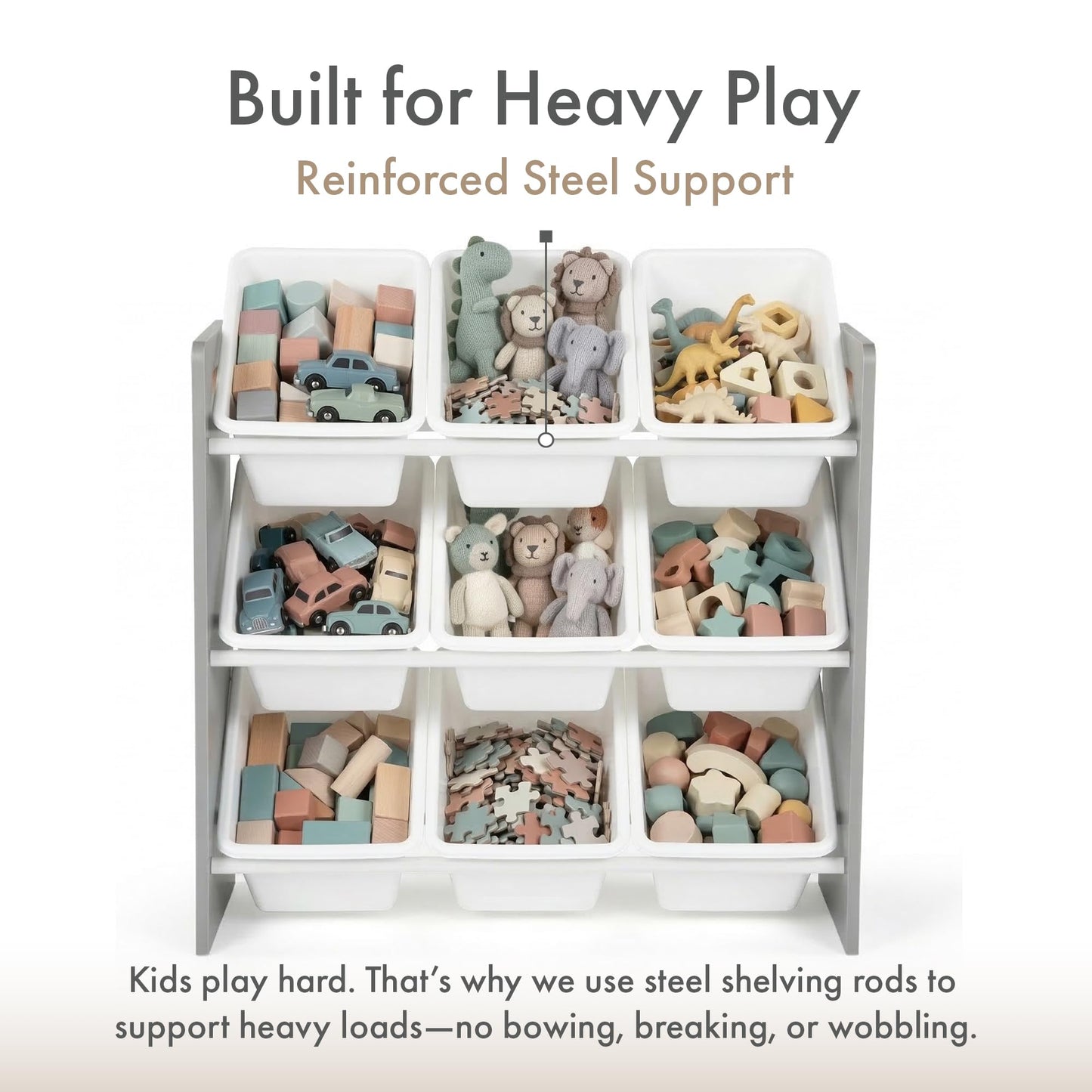 Humble Crew Toy Storage Organizer with 9 Removable Storage Bins for Kids Playroom, 3-Tier Toddler Toy Organization and Storage, Grey/White