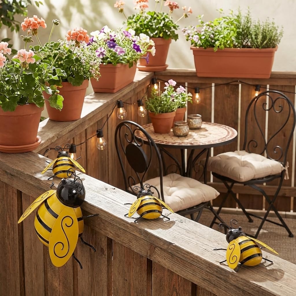 Yungeln Metal Wall Art, 4PCS Metal Bumble Bee Wall Decor, 3D Iron Bee Art Sculpture Hanging Wall Decorations for Outdoor Home Garden