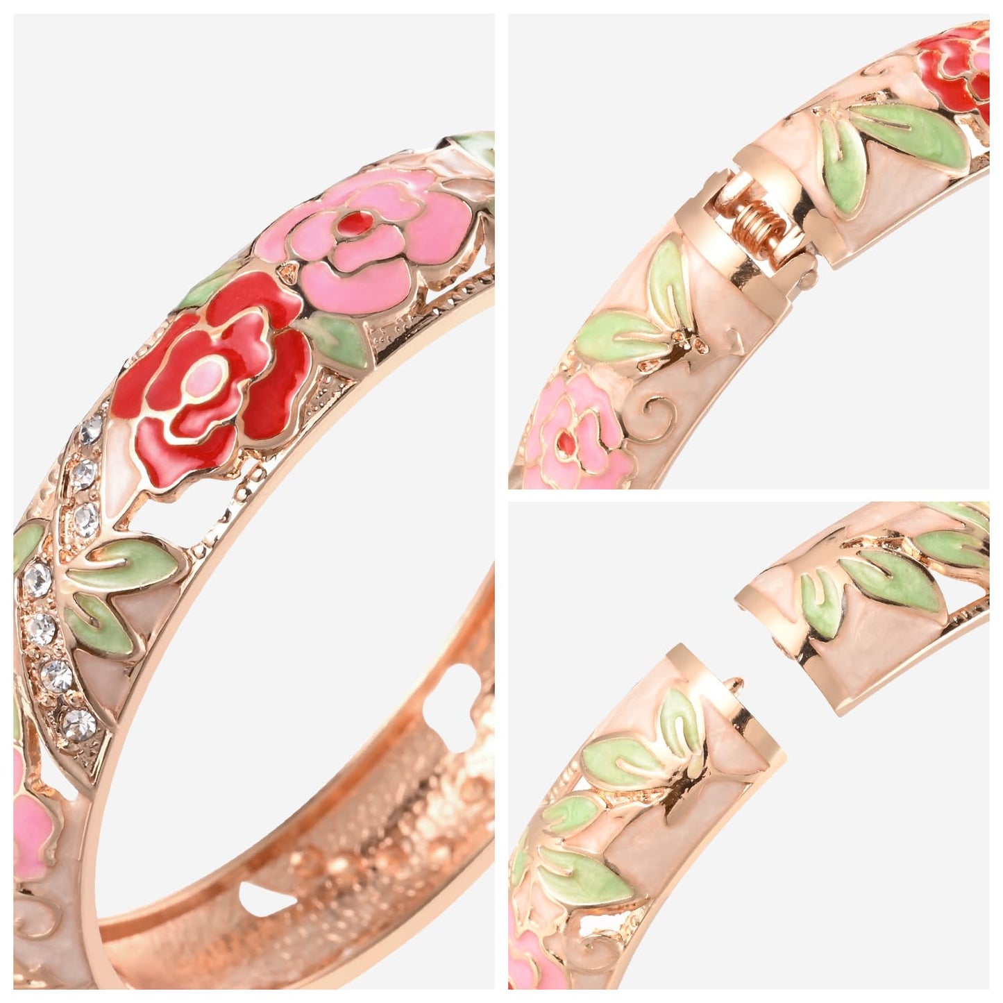 UJOY Fashion Cloisonne Bangle Jewelry Hollowed Rose Handmade Enamel Gifts Cuff Open Bracelet Bangles for Women Gilrs 88C06 Cream Pink