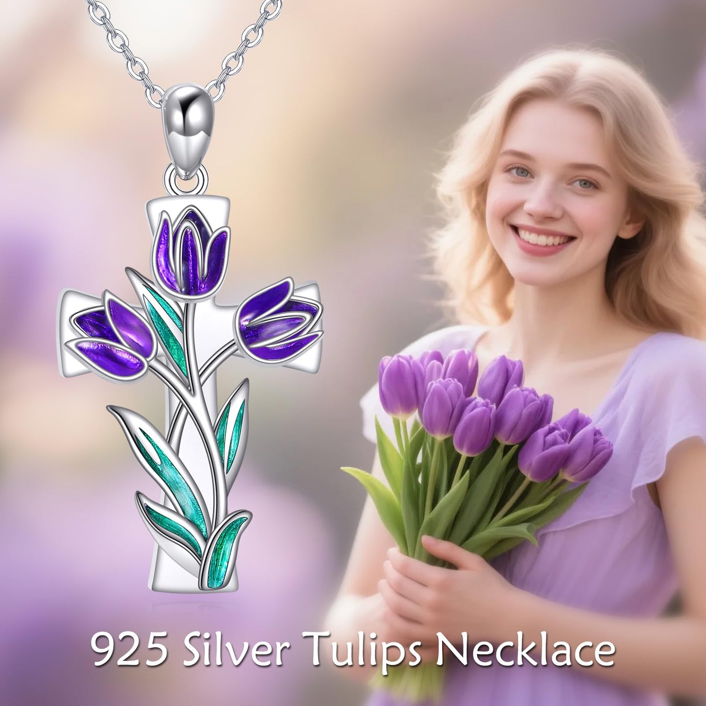 JERWLI Tulips Necklace 925 Sterling Silver Purple Tulips Flower Cross Pendant Necklace Birth Flower Jewelry for Women