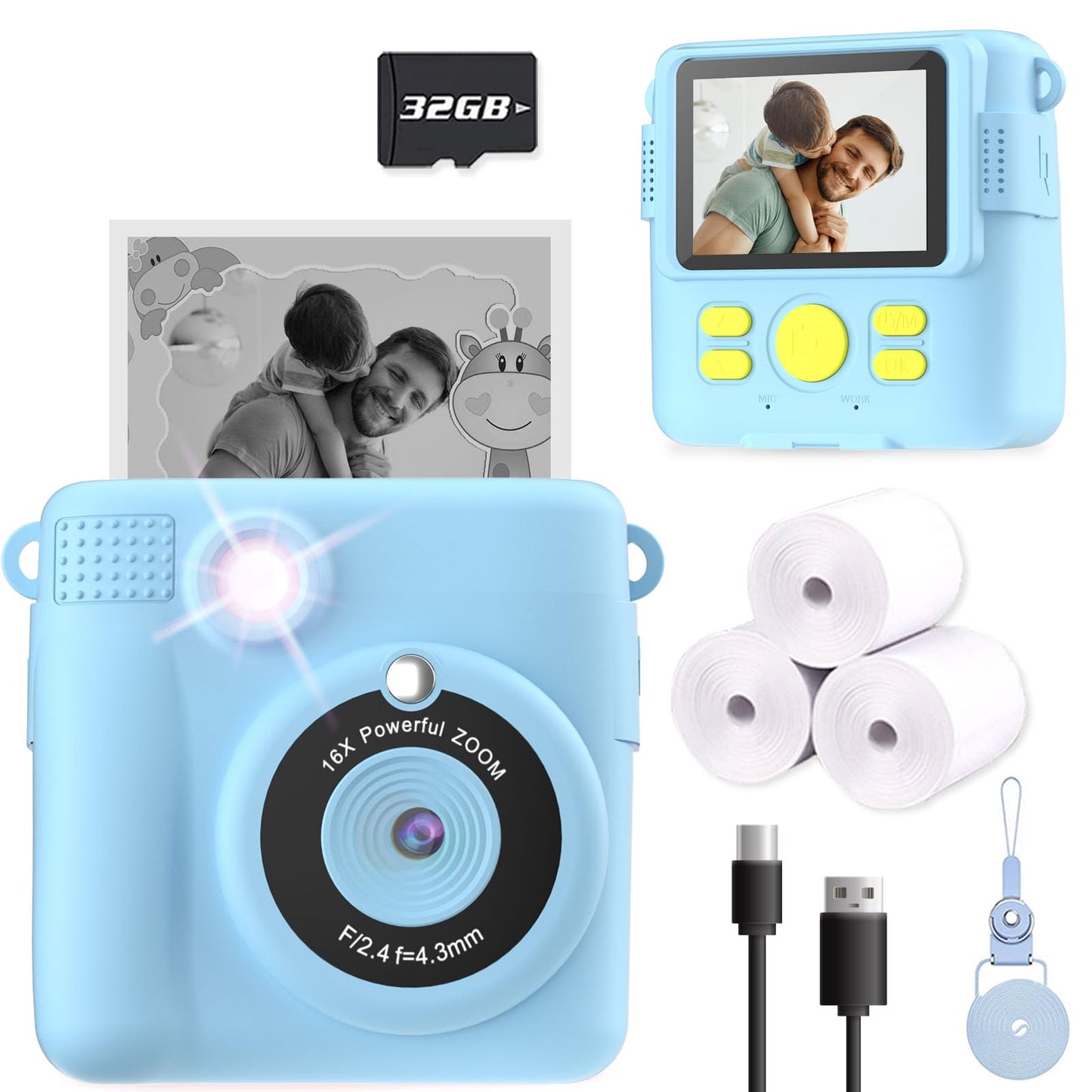 ESOXOFFORE Kids Camera Instant Print, Christmas Birthday Gifts for Kids Age 3-12, Selfie Digital Camera with 1080P Videos,Toddler Portable Travel Toy for 4 5 6 7 8 9 Year Old Boys Girls-Blue