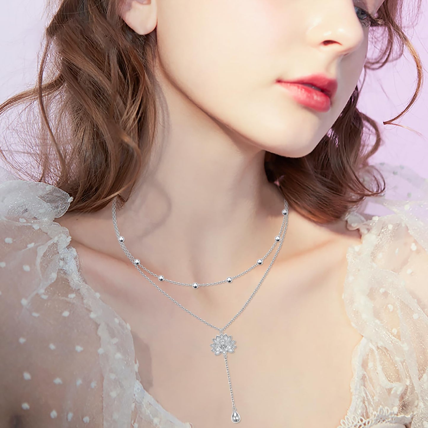 FLYOW Lotus Lariat Necklace for Women S925 Sterling Silver Yoga Flower Double Choker Y Layered Long Chain Necklace Birthday Valentine's Day Gifts for Yoga Lotus Lover Ladies Mother Wife