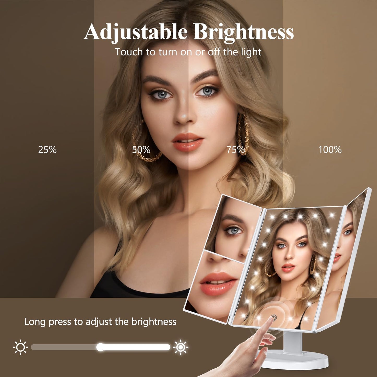 HUONUL Makeup Mirror, Gifts for Mom Mothers Day, Vanity Mirror with Lights, 2X/3X/10X Magnification, Touch Control, Trifold, Dual Power Supply, Birthday Gifts for Women, Girls, Dorm Room Essentials