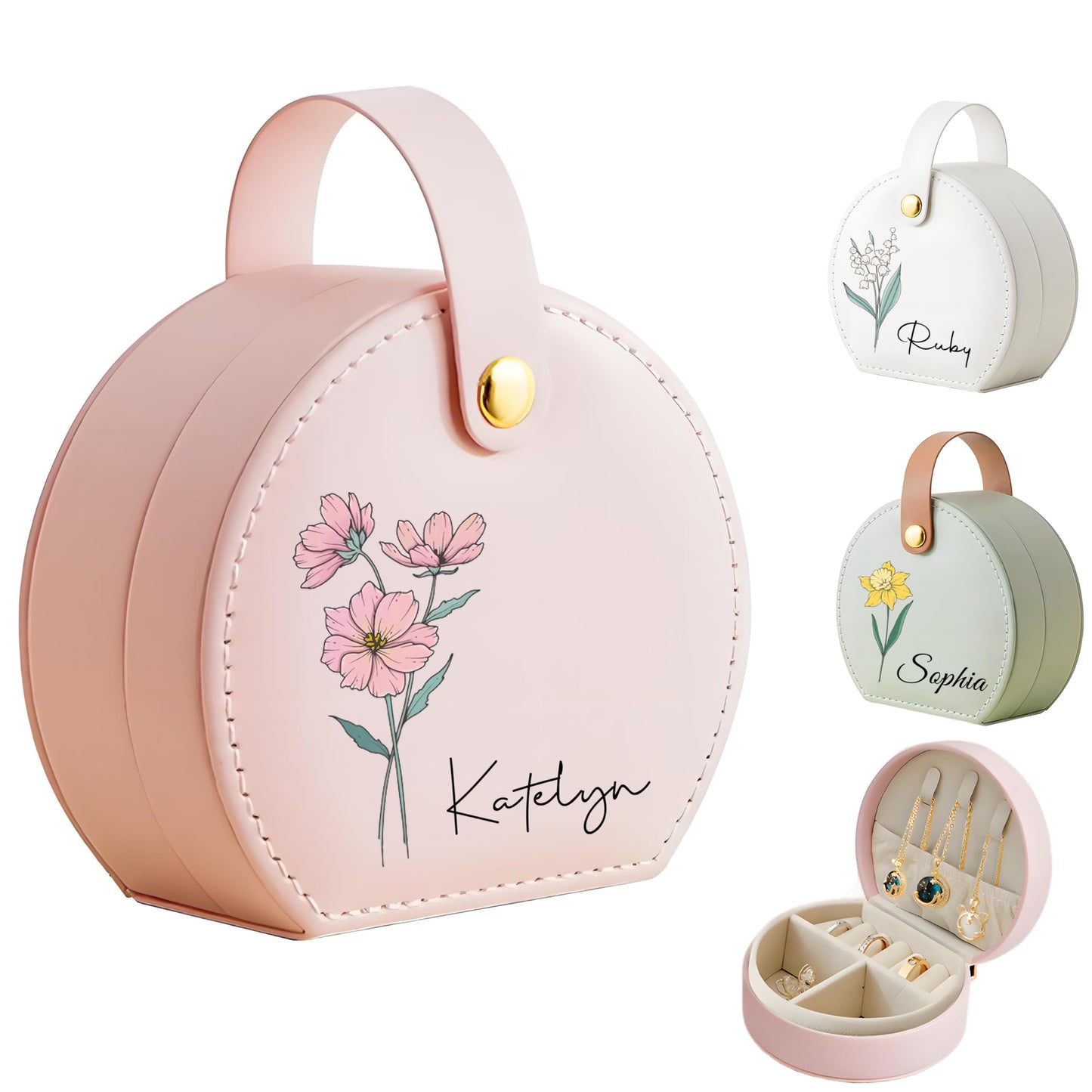 AsBestForGF Ships Next Day, Custom Mini Jewelry Travel Box with 12 Months Birth Flowers & Name, Personalized Jewelry Gift Case for Traveling, Delicate Christmas Birthday Gifts for Women Mom, Teachers