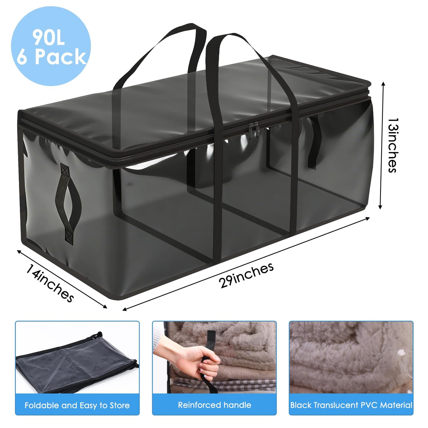 Moving Bags Heavy Duty, 6 Pack Clothes Storage Bags with Strong Zipper & Handles PVC Water-Resistant for College Supplies(Black)