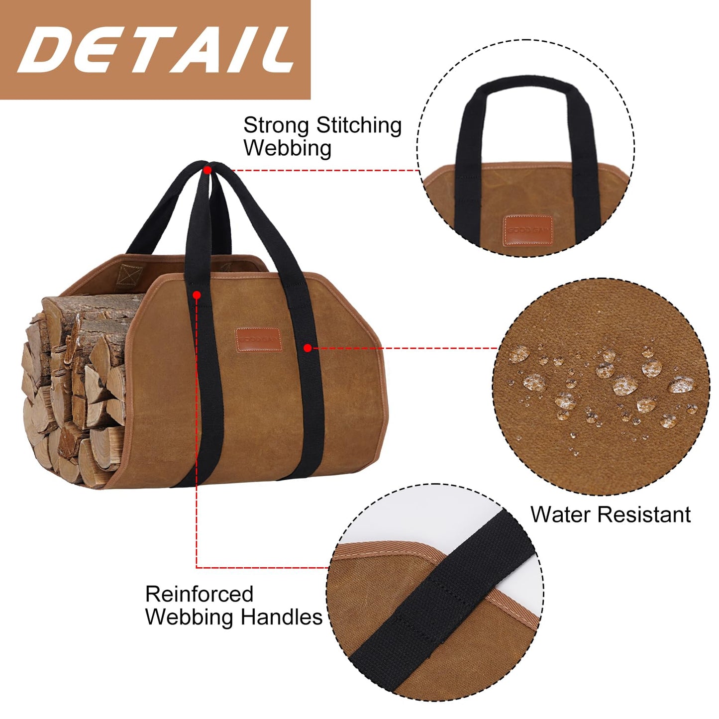 G GOOD GAIN Firewood Carrier Waxed Canvas with Handles, Wood Carrier for Firewood, 39x18 Inch Heavy Duty Firewood Storage Tote, Fireplace Log Carrier Indoor Bag, Wood Stove Accessories. Rust