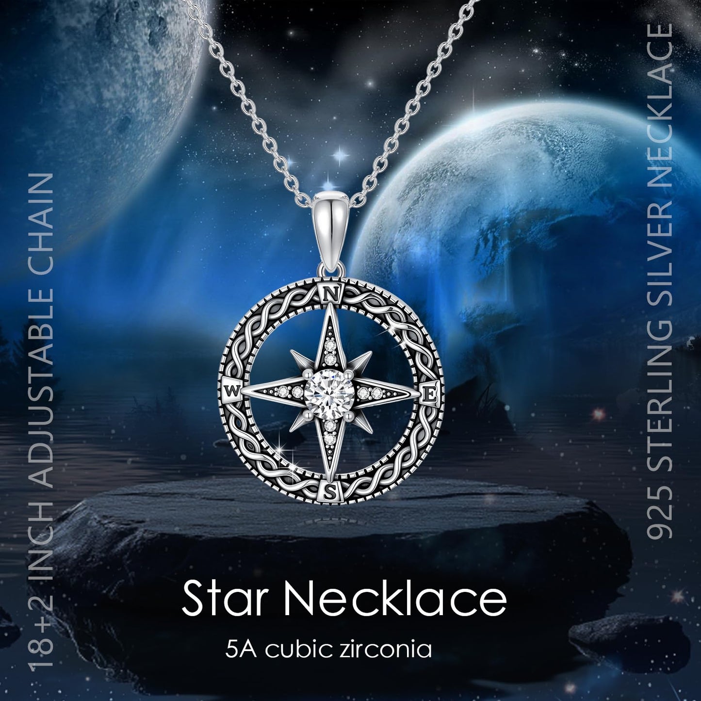 Silikepa Compass Necklace for Women 925 Sterling Silver Compass North Star Pendant Necklace with Zircon Graduation Season Jewelry Gift for Women