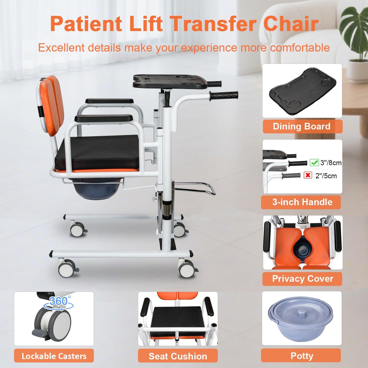mindmed Patient Lift Transfer Chair for Home, 440lbs Capacity, 4 in 1 Patient Lift Transfer Chair with 180° Split Seat, Upgraded Rod for Height Adjustable, for Elderly Transfer to Bed/Toilet (Orange)