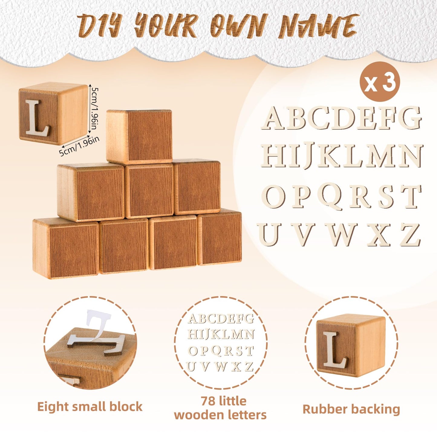 Kigley 8 Pcs Custom Wooden Name Sign 8 Letter Blocks and 78 Wooden Letter Name Wooden Cubes Wooden Blocks for Montessori Shower Name Alphabet Wood Signs(Wood)