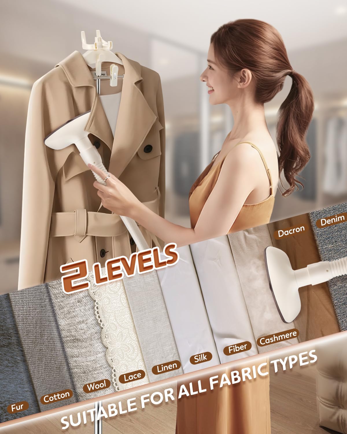 Hapyvergo Standing Garment Steamer with Ironing Pad, 2200W Steamer for Clothes, 3L Tank, 70-Min Continuous Steam, 40s Fast Heating, Adjustable Height, Drain Port Design, Universal Wheels, White