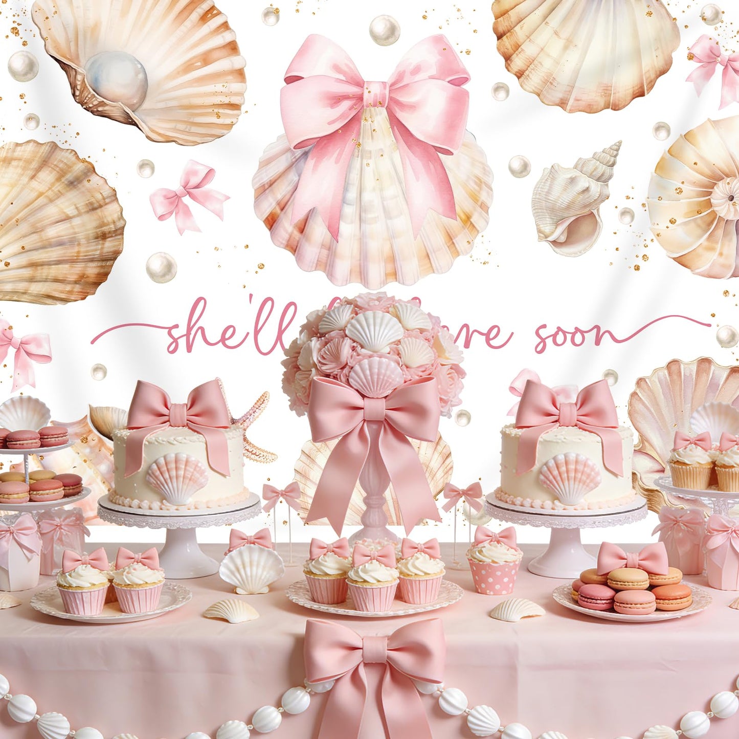 Bcuuipo Shell Themed Baby Shower Backdrop She'll Be Here Soon Pink Bowknot Pearl Seashell Photography Background for Girls Newborn Baby Shower Party Decoration Supplies Banner Photo Booth Props 7x5ft
