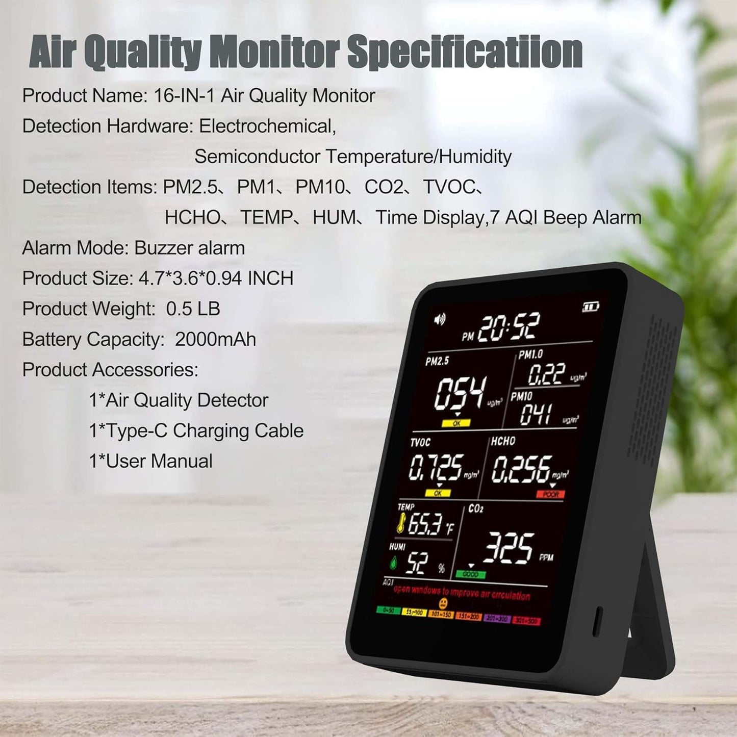 Professional Indoor Air Quality Monitor with AQI, Portable Real-Time Detector for Home Cars Plants and Pets (Taupe Black)