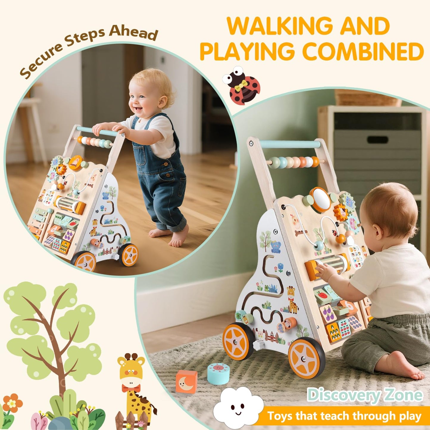 Wooden Baby Walker with Wheels, Push Walker with Baby Activity Center, Montessori Walking Toy for Girls Boys, Ajustable Speed & Height Activity Toy for Toddler Learning to Walk 12+ Months (Natural)