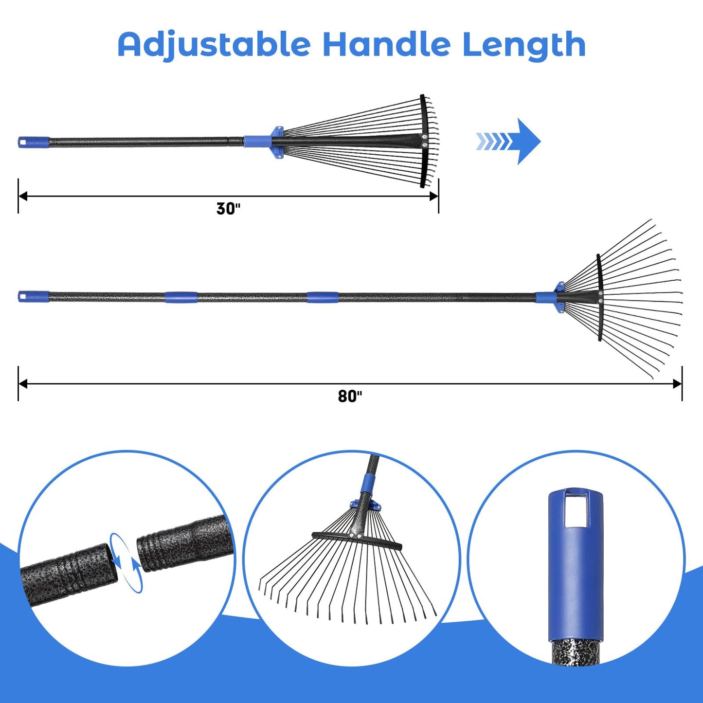 Heavy Duty Garden Leaf Rake-Adjustable Metal Rake with 8-17" Expandable Head,Yard Rakes for Leaves,Grass,Lawns,Shrubs,Flower Beds,Camping,Outdoor Cleanup,Ideal for Women & Kids