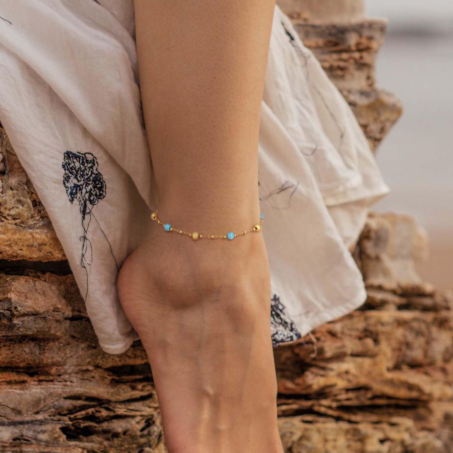 MTMY Gold Anklets for Women 14K Gold Plated Tiny Bead Anklet Green Rose Colorful Cubic Zirconia Tassel Foot Chain Dainty Adjustable Cute Summer Beach Boho Anklets Jewelry(turquoise ball)