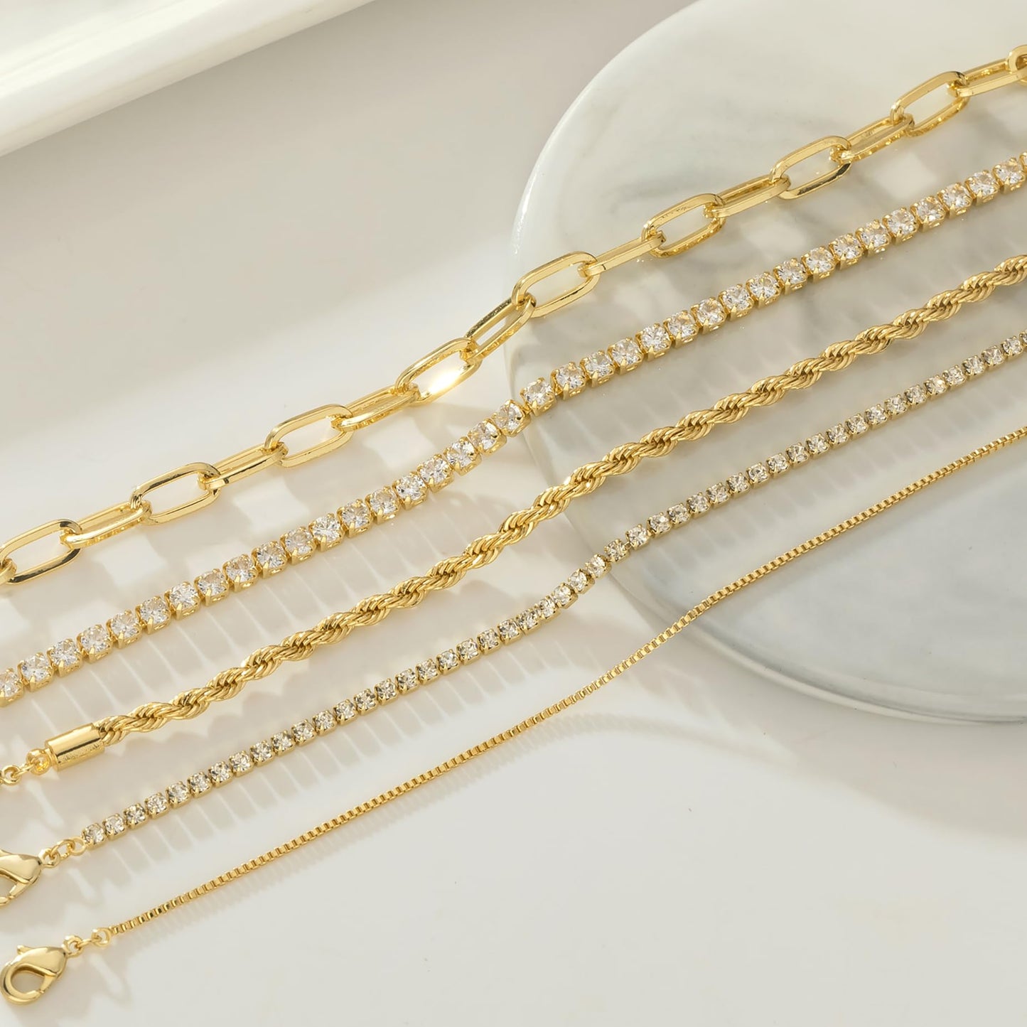 Gold Bracelets for Women 14K Gold Plated Stack Trend Bracelets Charm Paperclip Chain Cuban Link Layered Waterproof Bracelet Dainty Bracelet for Women Jewelry Gifts (Gold 5Pcs)