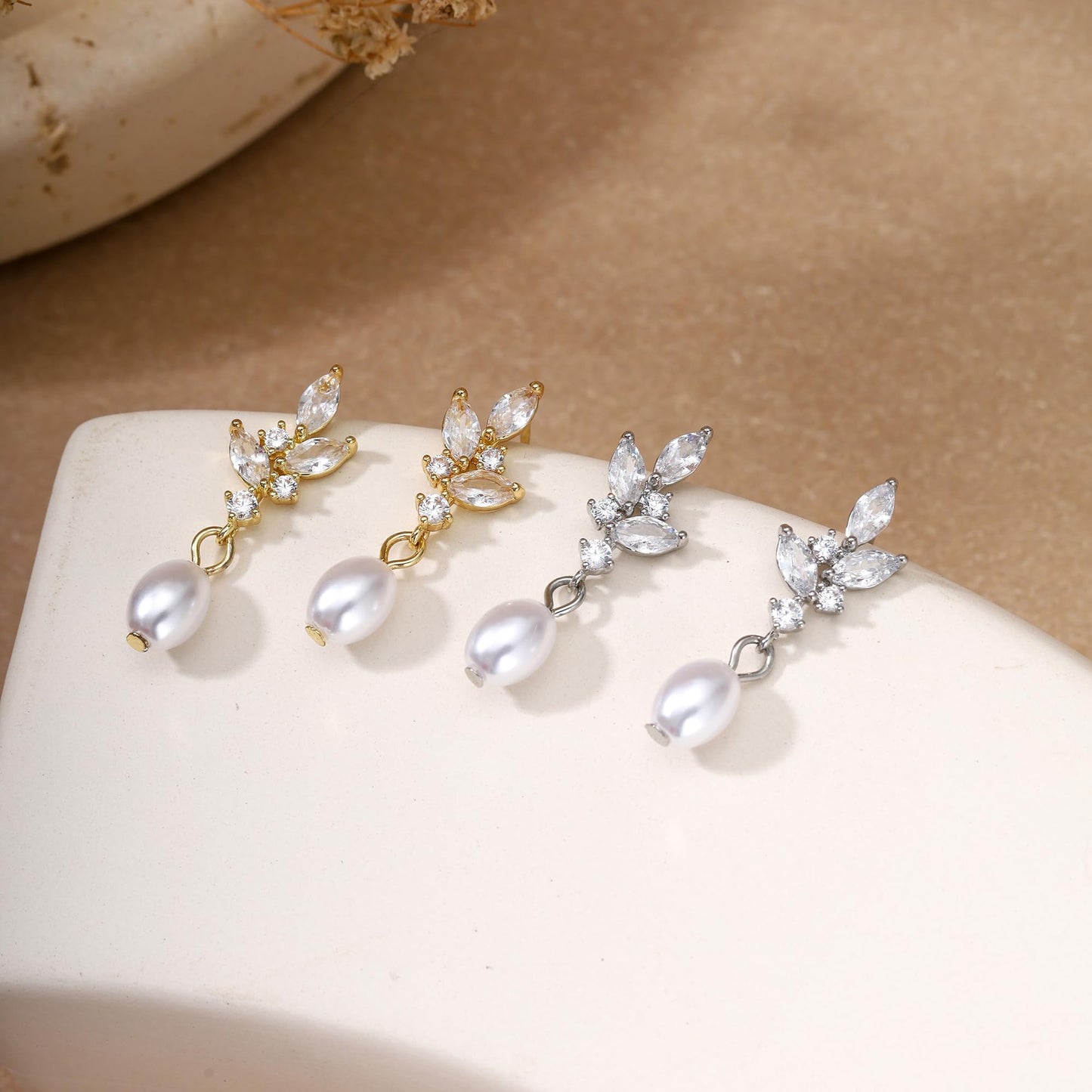 Solistra Pearl Earrings for Women Dainty Diamond Pearl Drop Earrings Silver Plated Dangle Earrings for Weddings Bridesmaid Gifts