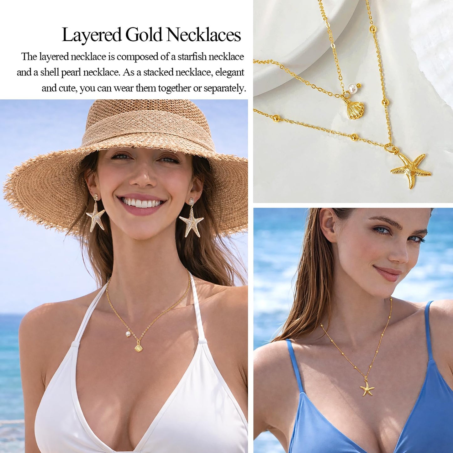 Zeffy Seashell Necklace for Women Dainty Stack Layered 14K Gold Plated Shell Starfish Pearl Pendant Charm Necklace Dainty Cute Non Tarnish Double Chain Necklace Set Jewelry for Summer Beach Vacation