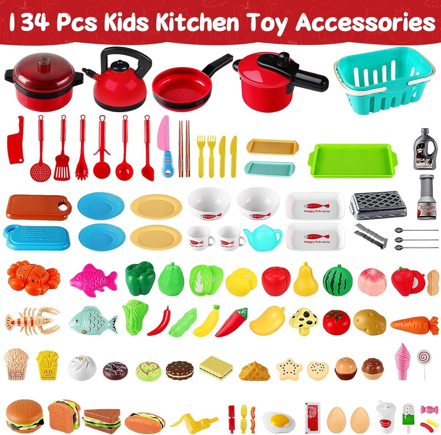 FunMission 134 Pcs Toy Kitchen Accessories, Toddler Pretend Cooking Toys with BBQ Grill, Pressure Cooker, Kettle, Pots, Pans, Kitchen Playset for Cutting Play Food, Learning Gift for Girls Boys