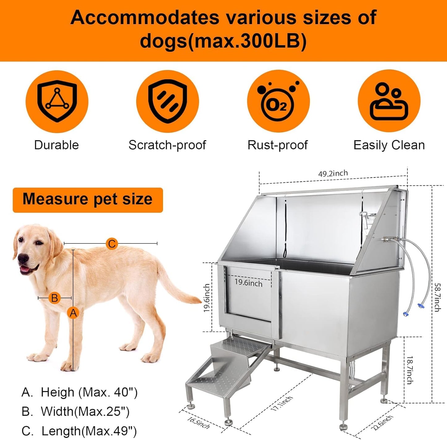 50" Pet Grooming Bathing Station, Professional Stainless Steel Tub W/Removable Ramp, Storage Drawer, Floor Grate, Stairs Faucet for Large, Medium & Small Dogs, Left Door