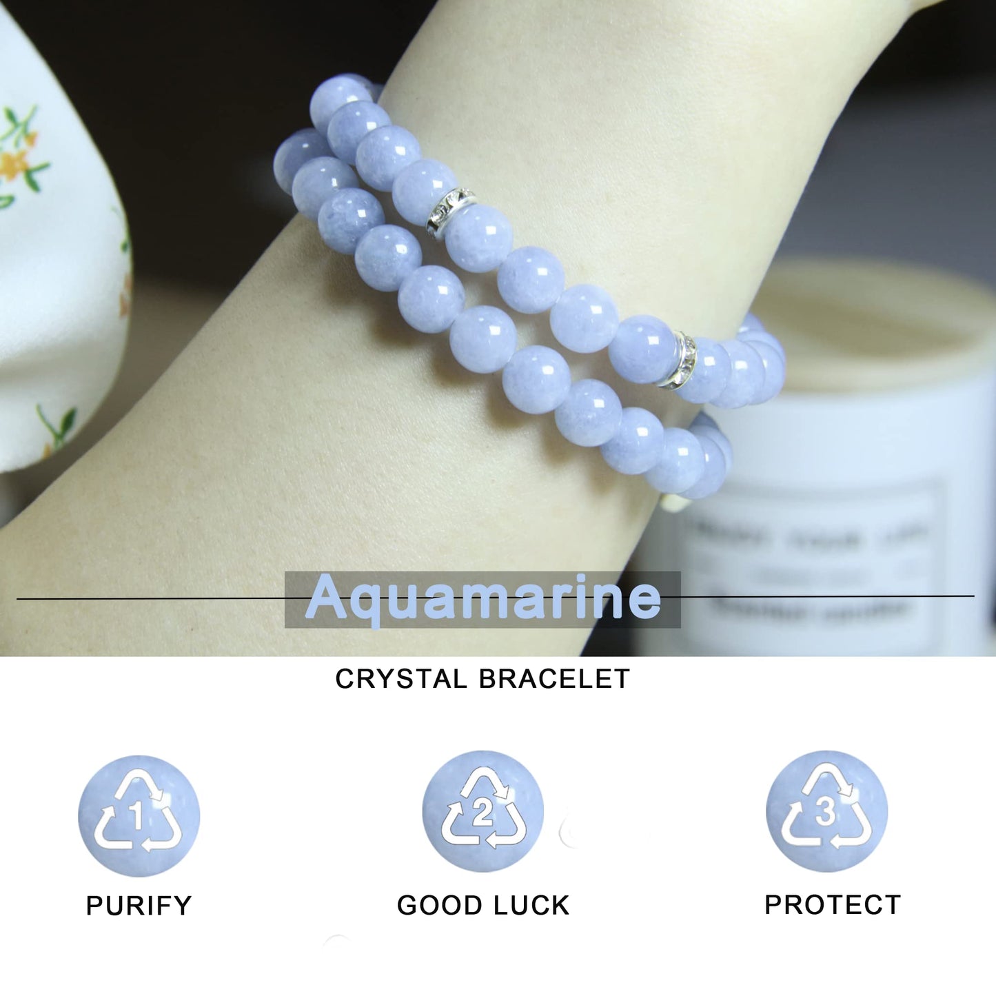 GDLKPYHS Healing Bracelets for Women - Aquamarine Bracelet - Healing Prayers Crystal Bracelet, 8mm Natural Stone Stress Relief Yoga Beads Get Well Soon Gifts