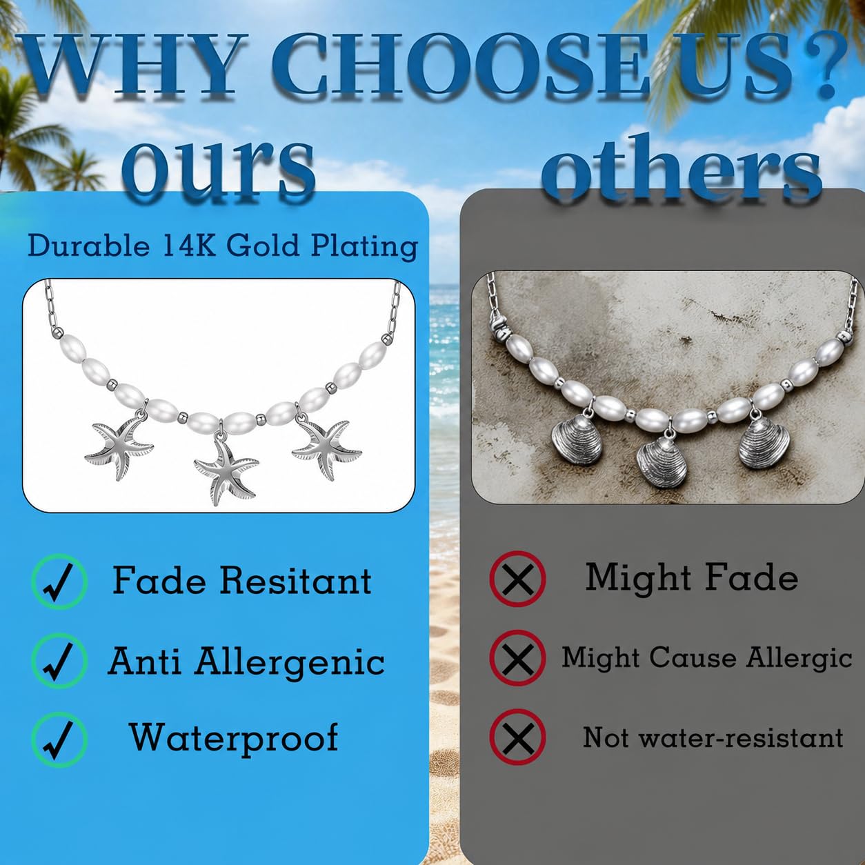 Starfish Necklace for Women: 14K Gold Plated 3-Piece Pendant with 10 Simulated Pearls on Stainless Steel Chain | Cute Boho Beach Jewelry Gift for Summer (Silver)
