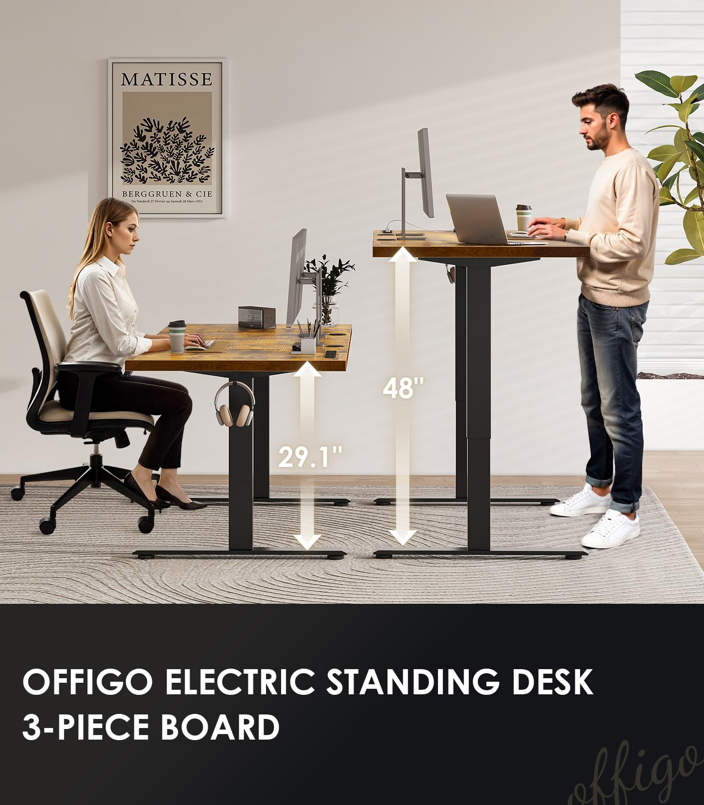 OffiGo 71 Inch Executive Electric Standing Desk, Height Adjustable Desk with Power Outlet & 1.38" Thick 3-Piece Desktop, Sit Stand Computer Desk for Home, Office, Conference Room, Rustic Brown