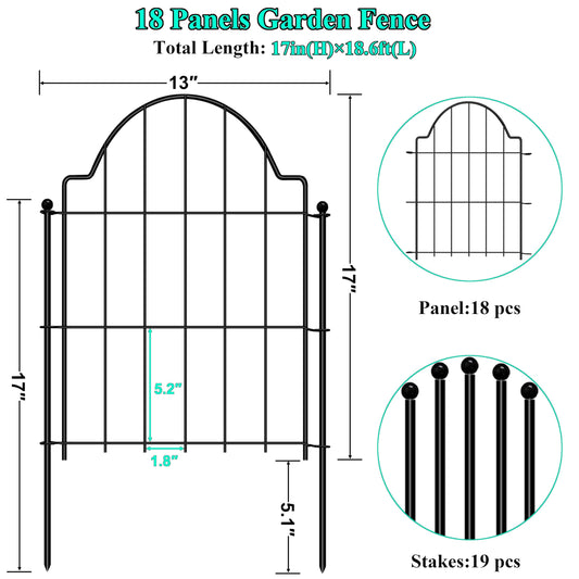 Decorative Garden Fences 17in x 18.6ft, 18 Pack Outdoor Fencing Animal Barrier Dog Border, Metal Wire Fence Panels for Garden Decor, Flower Bed Edging Borders for No Dig Patio Yard