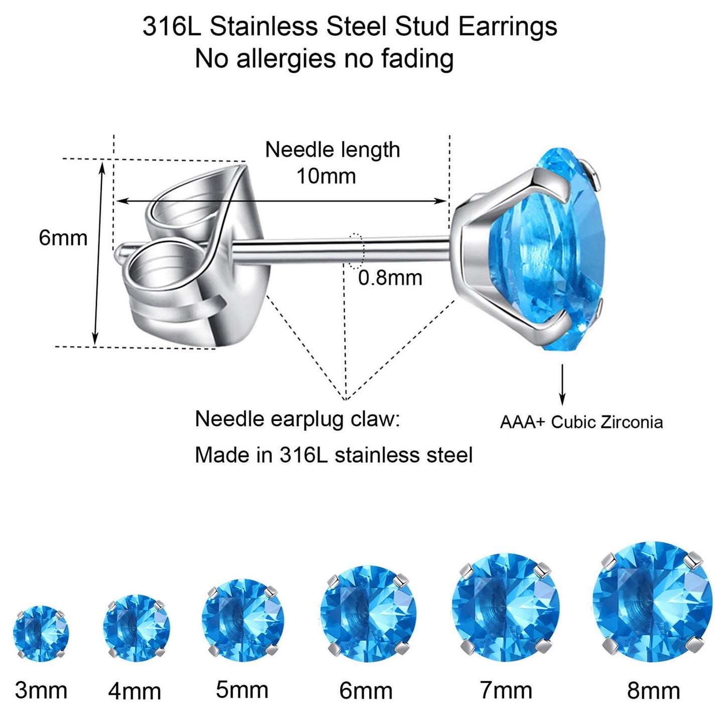 6 Pairs Stud Earrings Set, Hypoallergenic Cubic Zirconia Earrings 316L Stainless Steel CZ Earrings 3-8mm (Sea blue (Light blue) CZ)