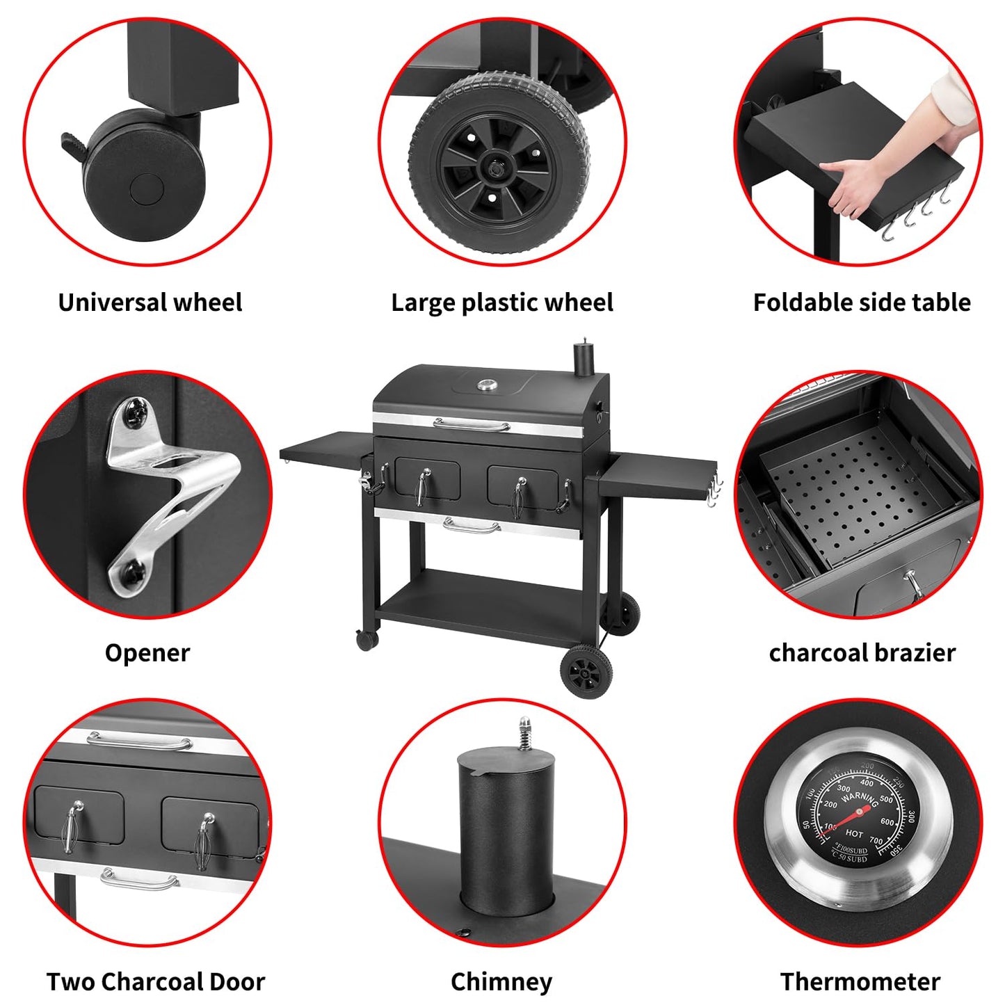 Kenadne Charcoal Grill Outdoor BBQ Grill, Extra Large Cooking Area 794 Square Inches with Two Adjustable & Individual Charcoal Tray, Foldable Side Tables for Outdoor Cooking grill Backyard