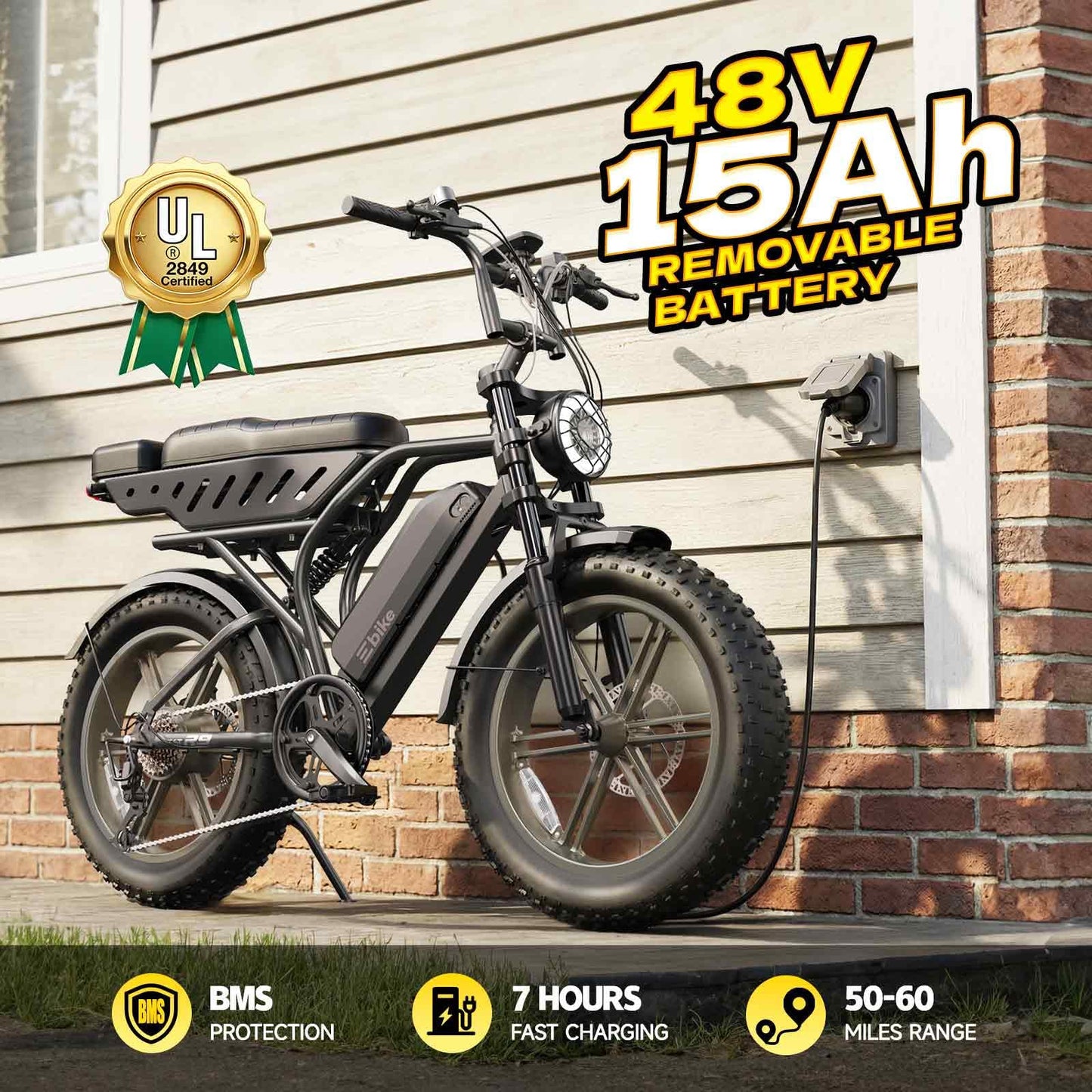TST Electric Bike for Adults, 1500W Peak Motor Ebike with 48V 15Ah Battery, 60 Miles Range 28 MPH Electric Bicycle, 20" All-Terrain Fat Tire E Bike with Rear Seat 7 Speeds Black