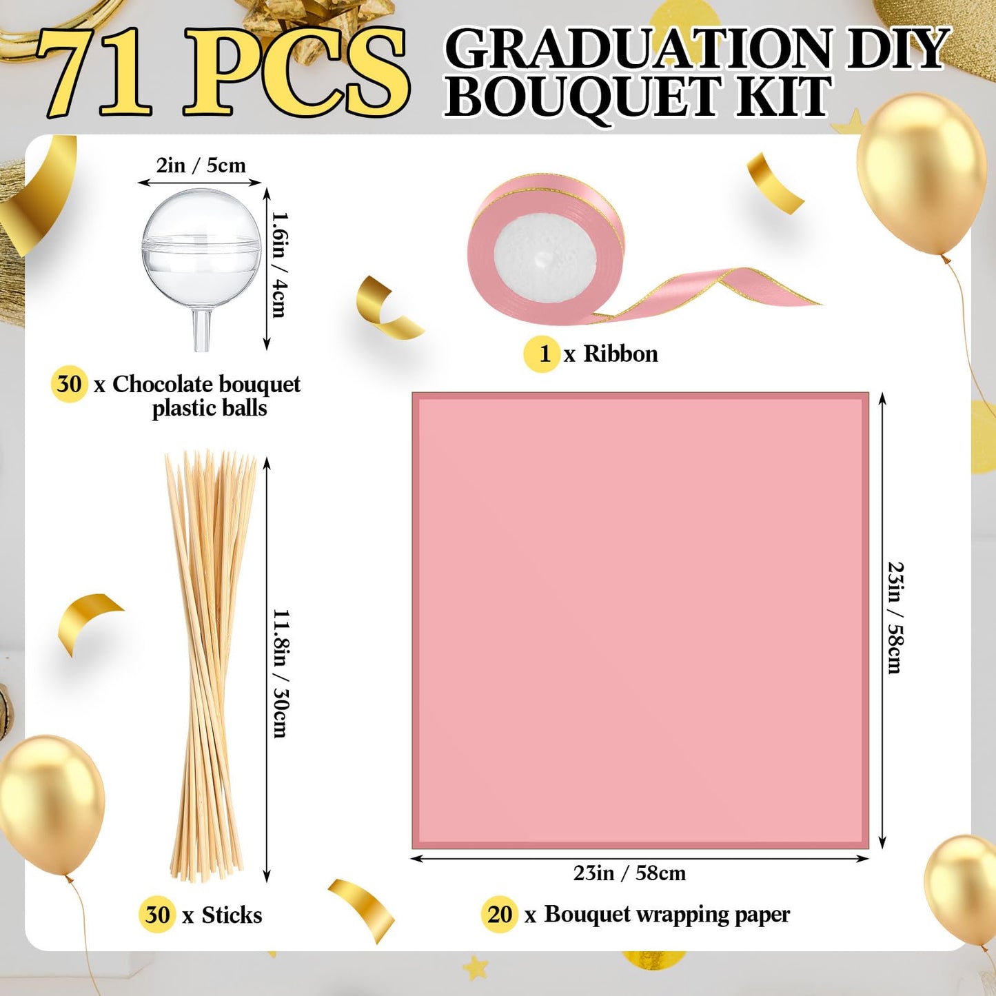 Funnymoom 71 Pcs DIY Chocolate Flower Bouquet Kit Graduation 2026 Candy Rose Clear Acrylic Lollipop Ball Holder Mother's Day Flower Wrapping Paper Ribbon Accessories Birthday Gift(Pink)