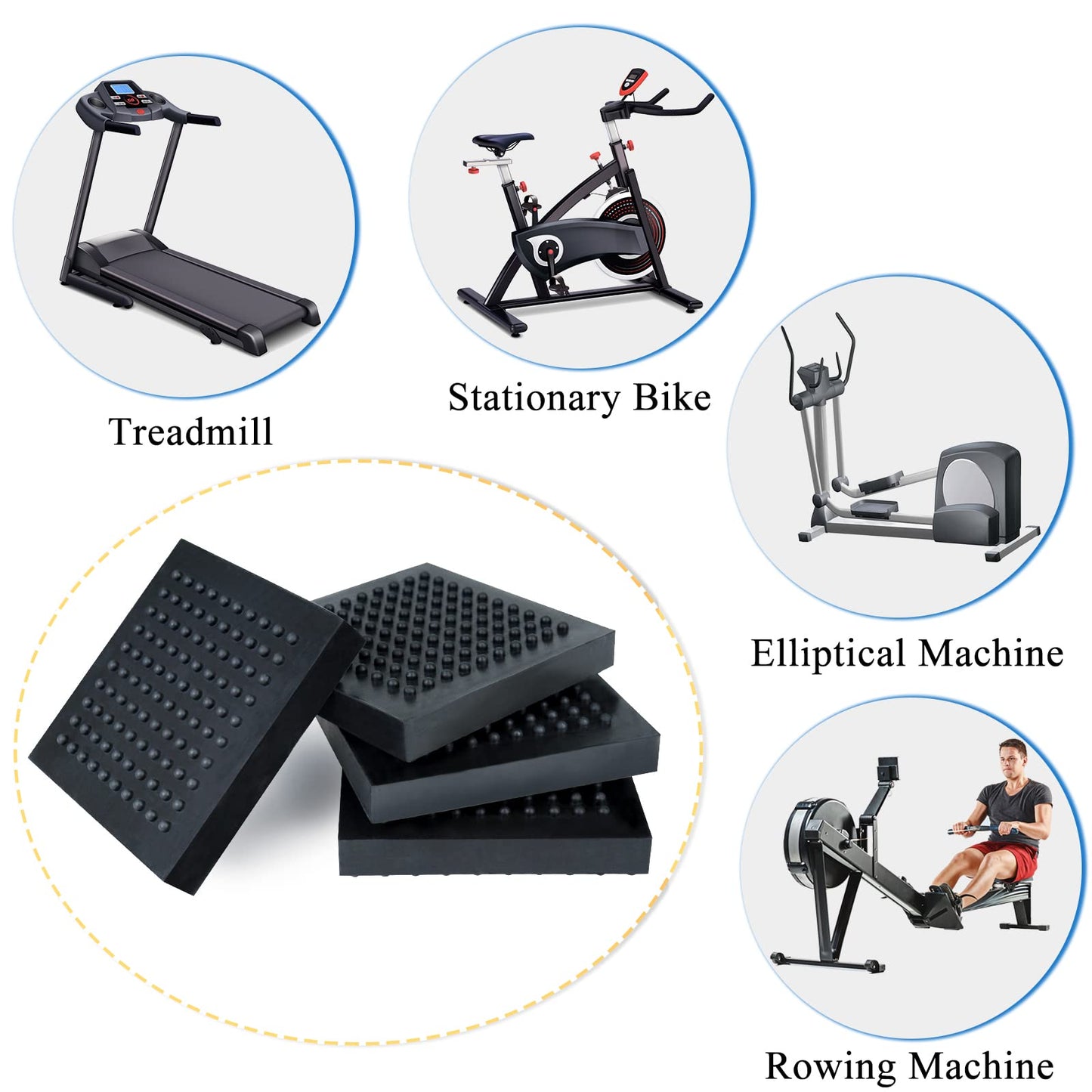 BXI Exercise Equipment Mat Heavy Duty - 4 x 4 x 0.8 Inches 6 Pcs Non Slip Noise Reduction Anti Vibration Treadmill Stationary Bike Mats, Thick Steel Embedded Rubber Pad for Hardwood Floors & Carpet