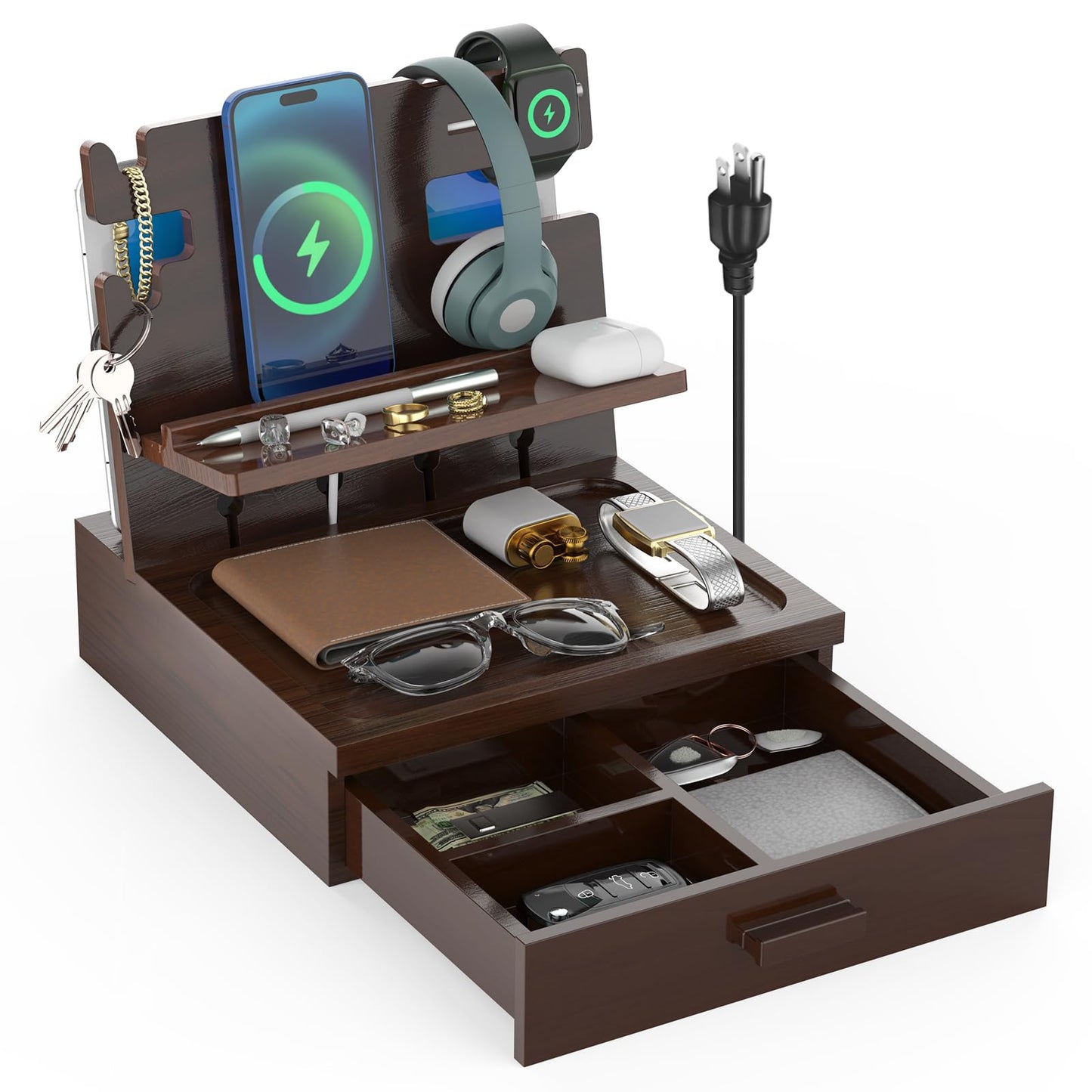 sandpaint Nightstand Organizer for Men with Drawer Wood Docking Station with USB Ports and AC Outlets, Gifts for Men, Holds Phone, Tablet, Keys, Glasses, Earphones Etc（Brown）