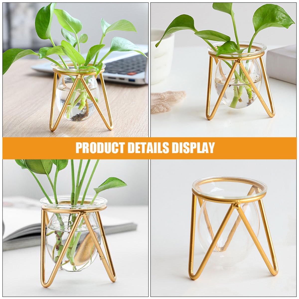 NULYLU Glass Flower Holder with Metal Stand, Small Gold Hydroponic Plant Pot Terrarium Vase for Desk and Office Decor, Decorative Succulent and Green Plant Container