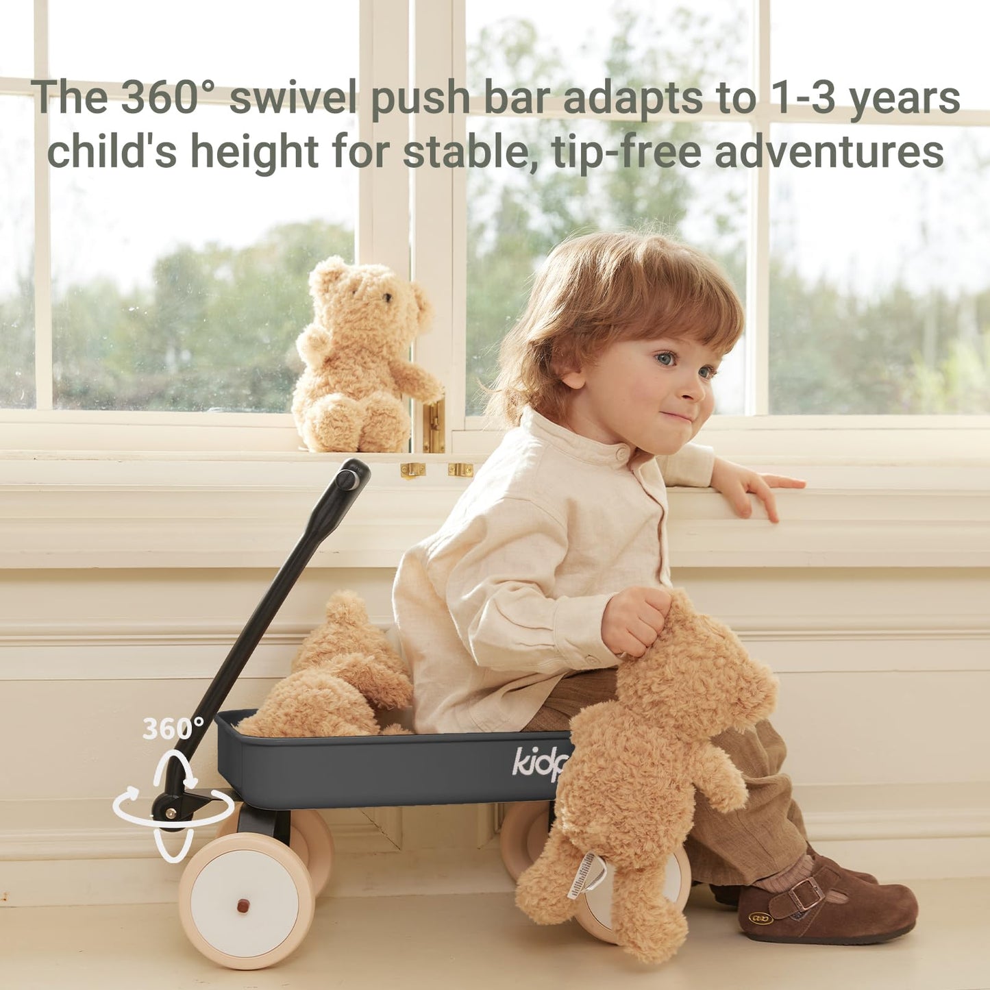 Kidpop Pula-Mini First Wagon for Toddlers, 4-Wheel Baby Pull Toy Cart for Kids Ages 1-3, Indoor & Outdoor Push Walker Toy, Ideal 1 Year Old Birthday Gifts (Grey)