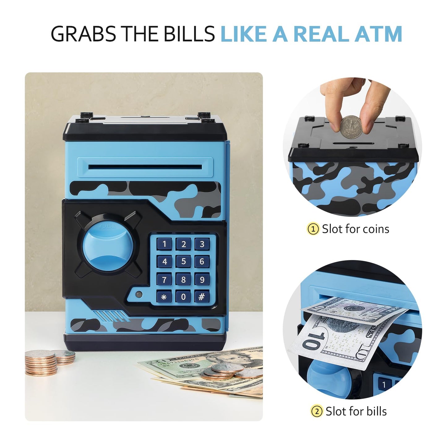 ATM Piggy Bank for Boys Girls, Vcertcpl Mini ATM Coin Bank Money Saving Box with Password, Kids Safe Money Jar for Adults with Auto Grab Bill Slot, Great Gift Toy Bank for Kids (Camouflage BlueGray)