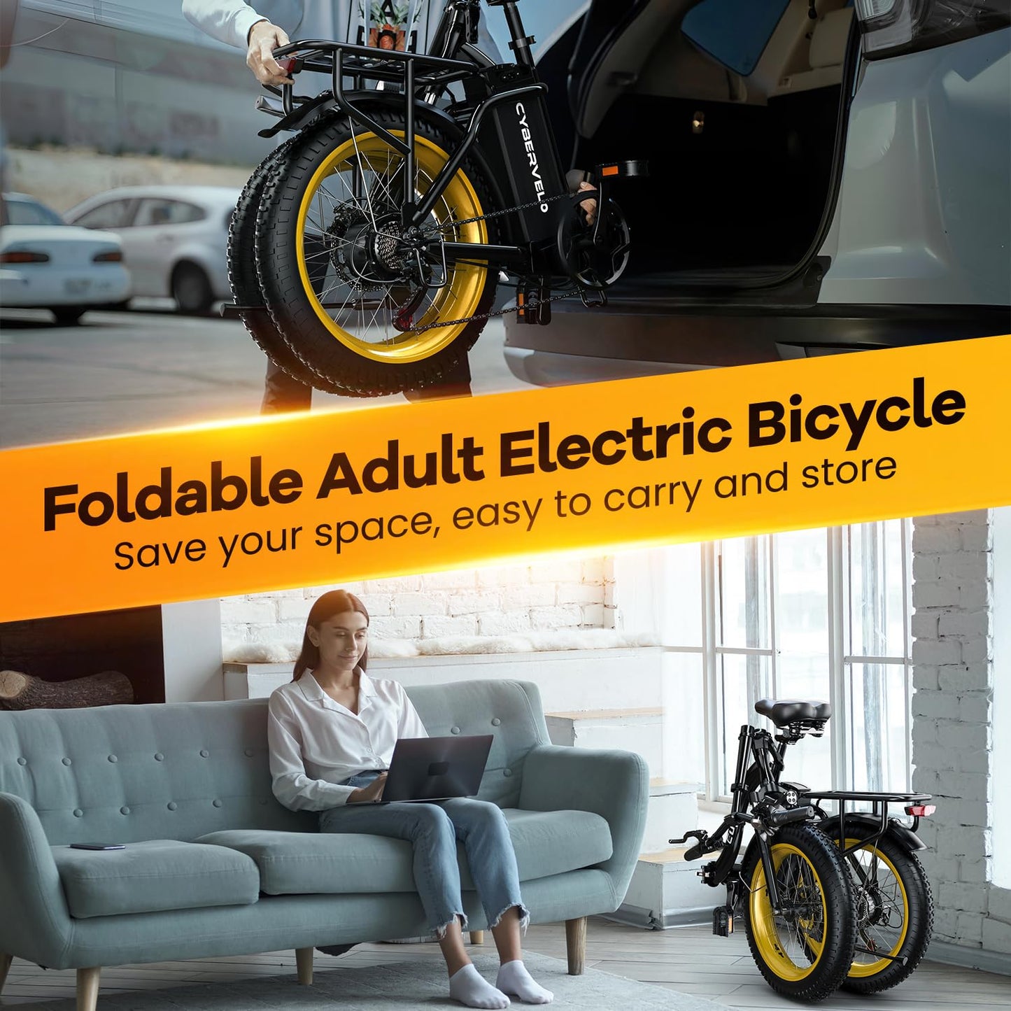 Folding Electric Bike for Adults with Peak 1000W Motor, 48V 20AH Battery up to 30MPH 80 Miles, 20" Fat Tire All Terrain Ebike, Front Suspension 7-Speed Commuter E Bike Black, Step-Thru, UL Certified