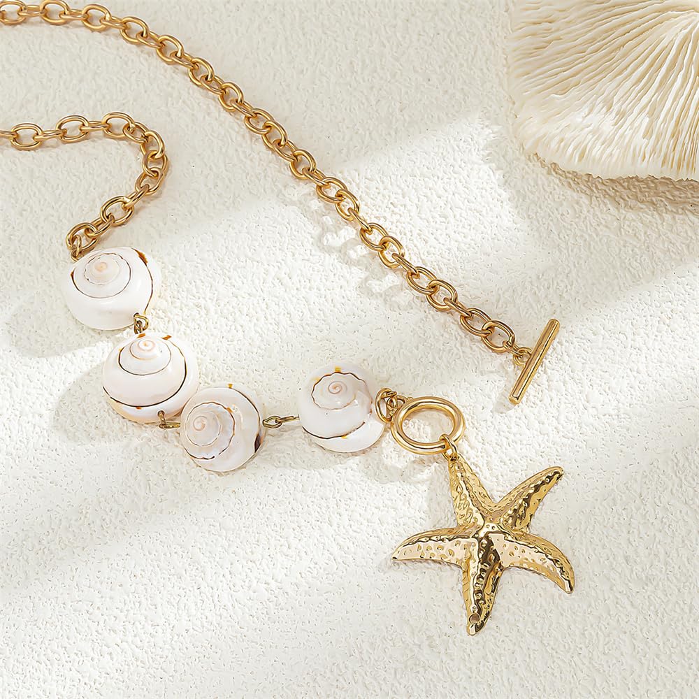 Gold Plated Starfish White Conch Imitation Pearl Charm Choker Pendant Necklace for Women Cute Seaside Beach Necklaces Toggle Clasp Hypoallergenic Fashion Trendy Summer Jewelry 16"