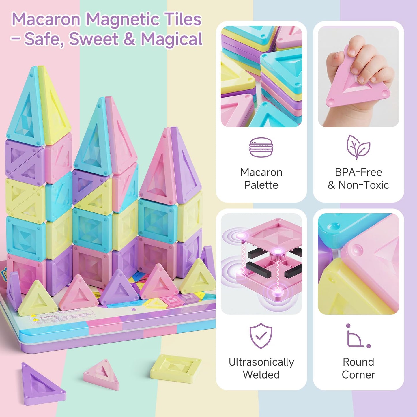 STEM MATCH Mini Magnetic Tiles Girls Travel Set: 40 PCS Macaron Building Block with Tin Box - 90 Mins Quiet Play 45s Cleanup - Fly Trip Road Trip Toys for Kids Age 3 4 5 6