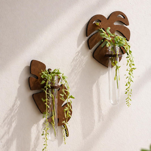 Artilady Plant Propagation Station 2 Pack Wall Hanging Plant Terrarium Holder with Test Tube Wood Window Planter Indoor Decor for Living Room Bedroom Kitchen (Leaves)