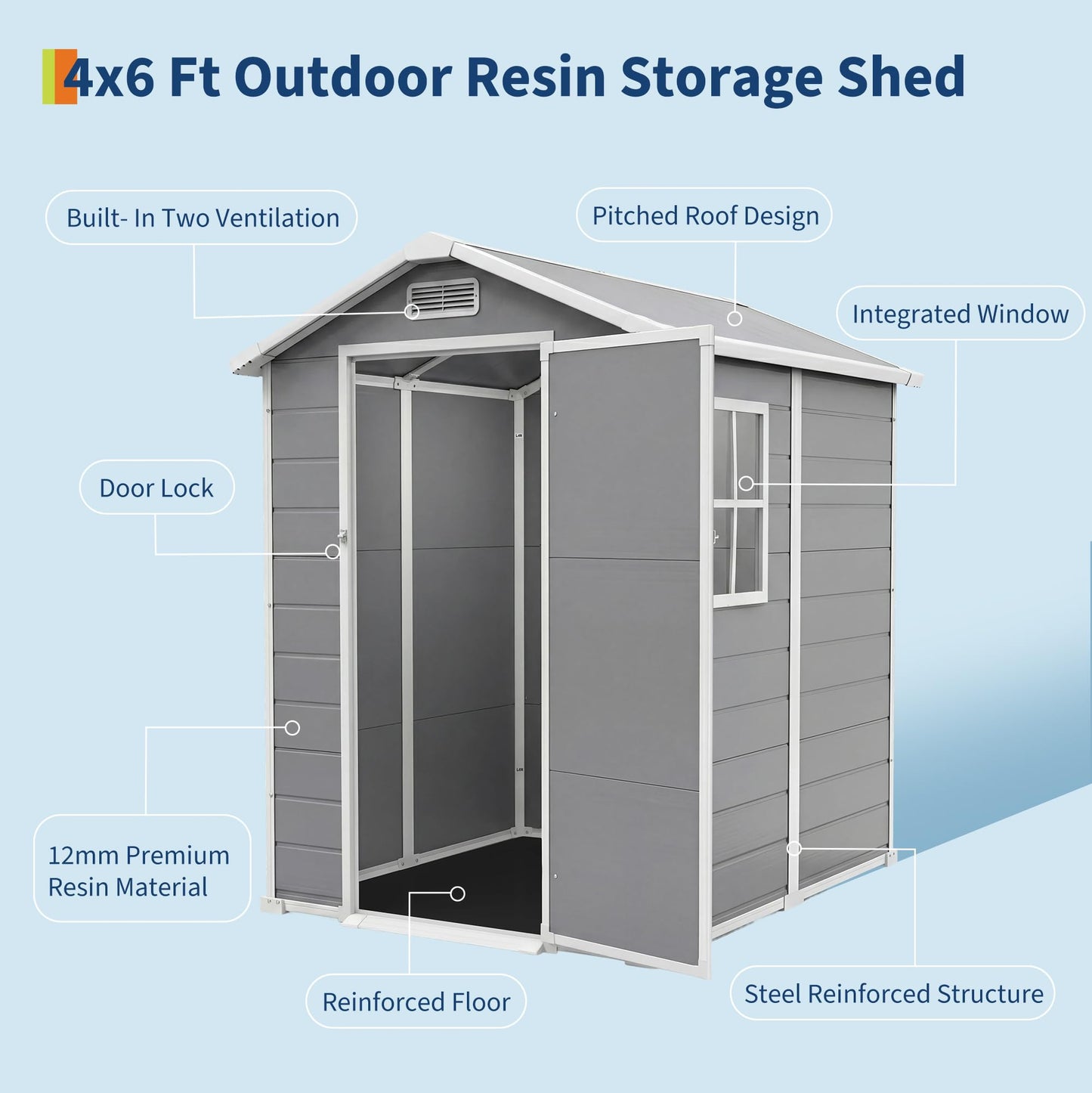 Plastic Outdoor Storage Shed with Floor & Window, 4x6 ft Resin Garden Shed for Patio, Lawn Mower, Bike & Tool, Waterproof Outdoor Storage with Lockable Door & 2 Vents & Sloped Roof for Backyard