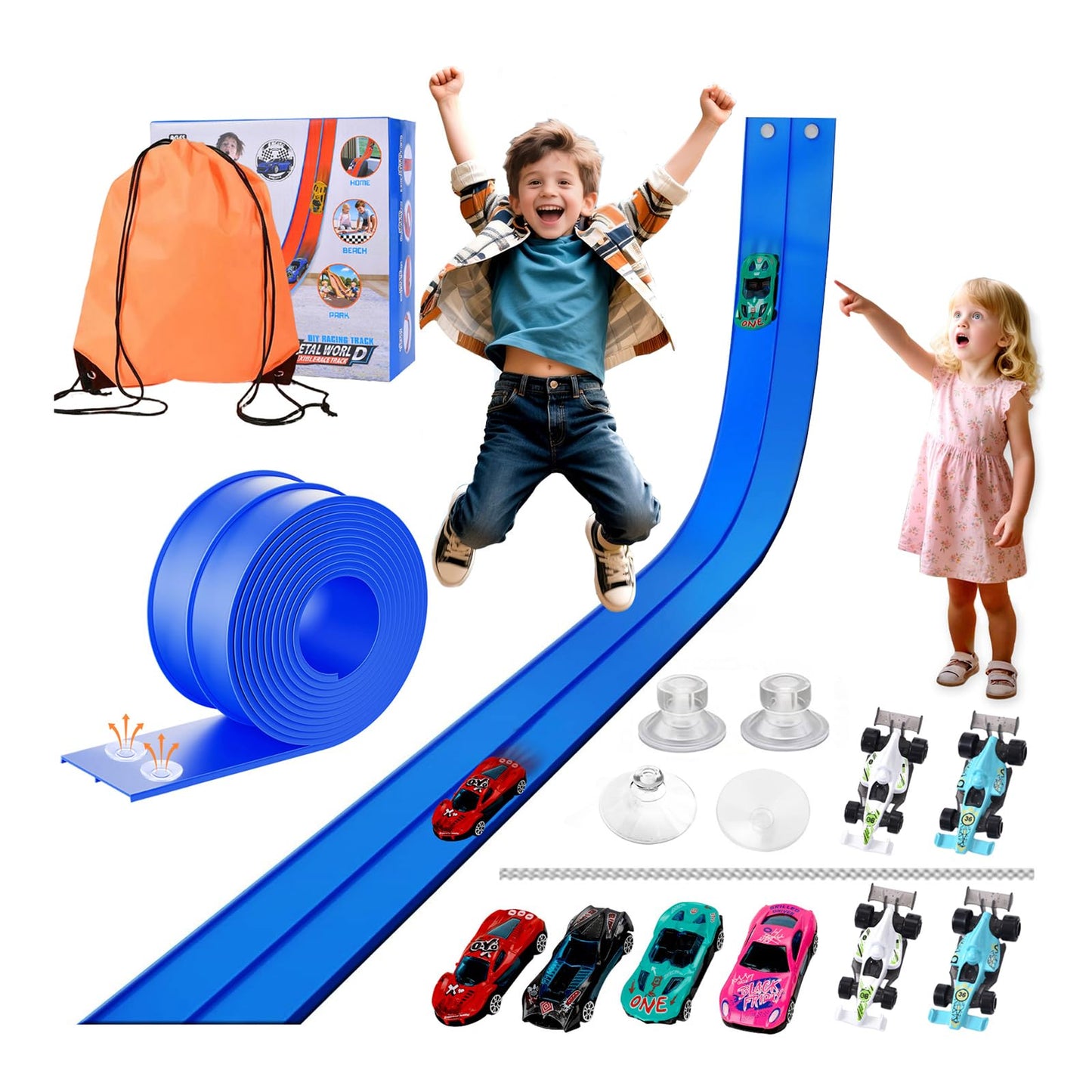 Flexible Car Track for Kids: 15 Ft of Portable Roll-Up DIY Flexible Race Track with 8 Cars & 4 Strong Suction Cups Car Ramp Toy Track, – A Great Birthday for Boys & Girls Ages 3+ (Blue)