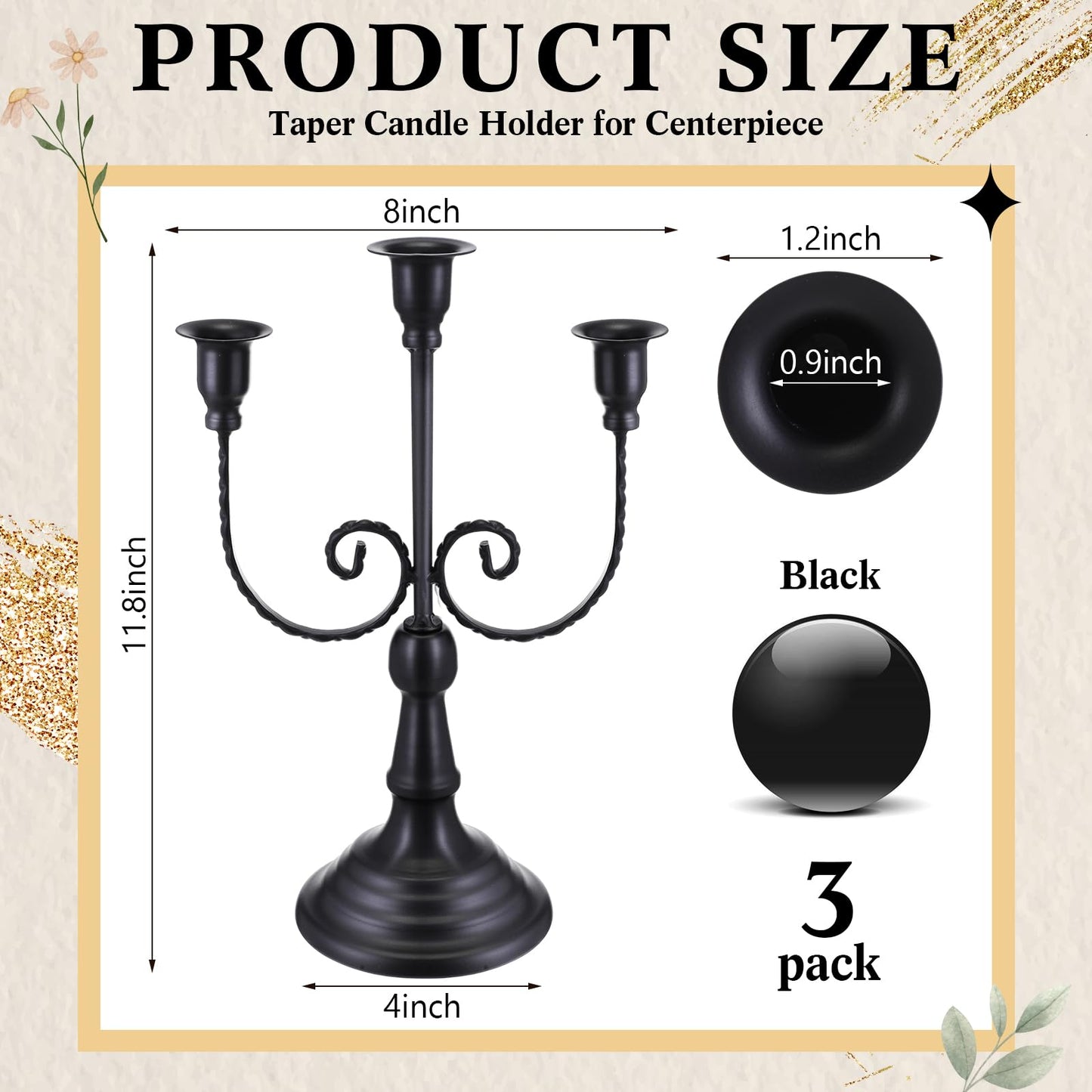Dandat 3 Pcs 3 Arm Metal Candelabra Candlestick Holders Tall Candlestick Holders Gothic Candle Holder for Home Wedding Church Christmas Party(Retro,11.8 Inch,Black)