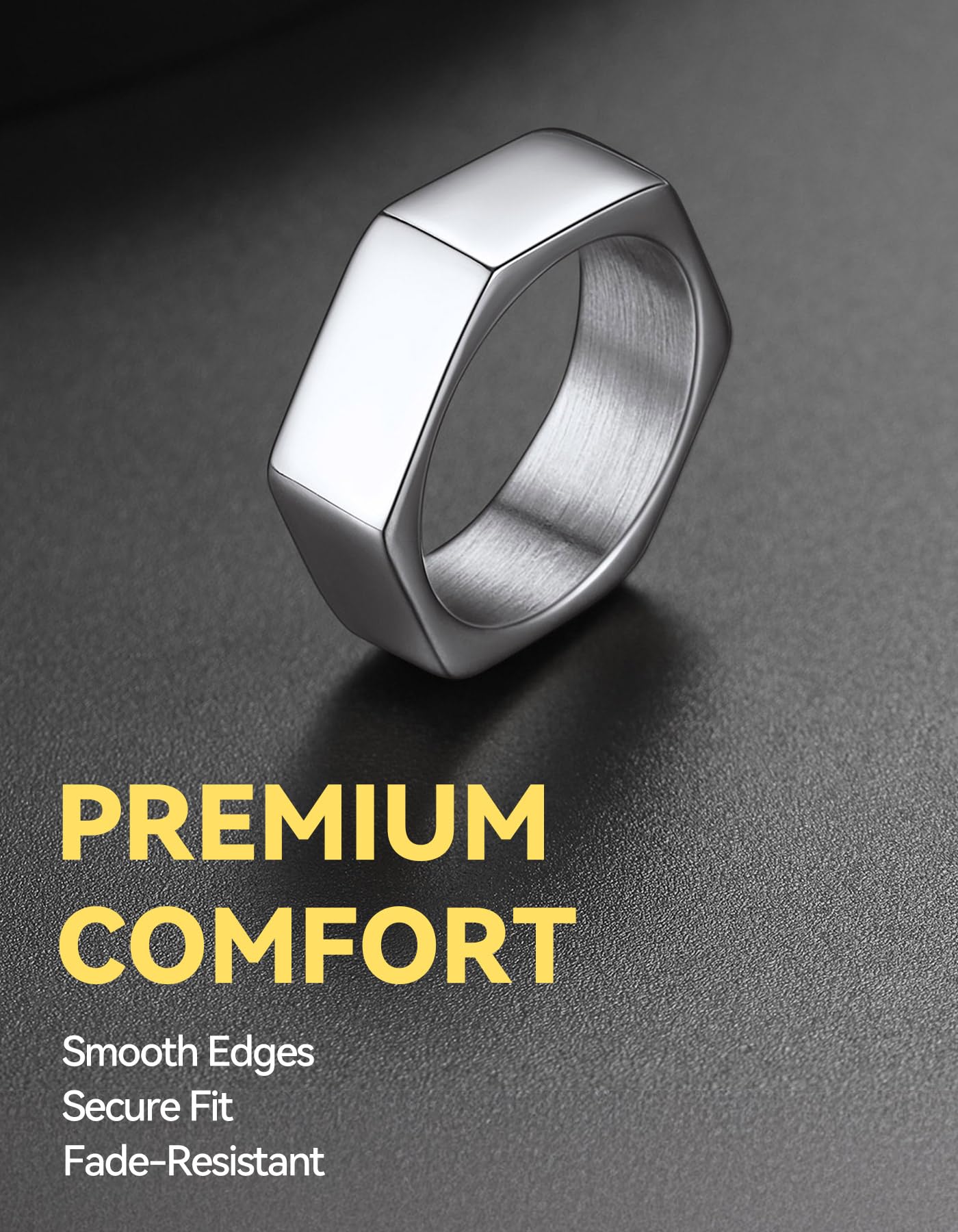 ChainsHouse Men's Punk Stainless Steel Gothic Screw Edge Hexagon Geometric Biker Ring Bands, Size 12