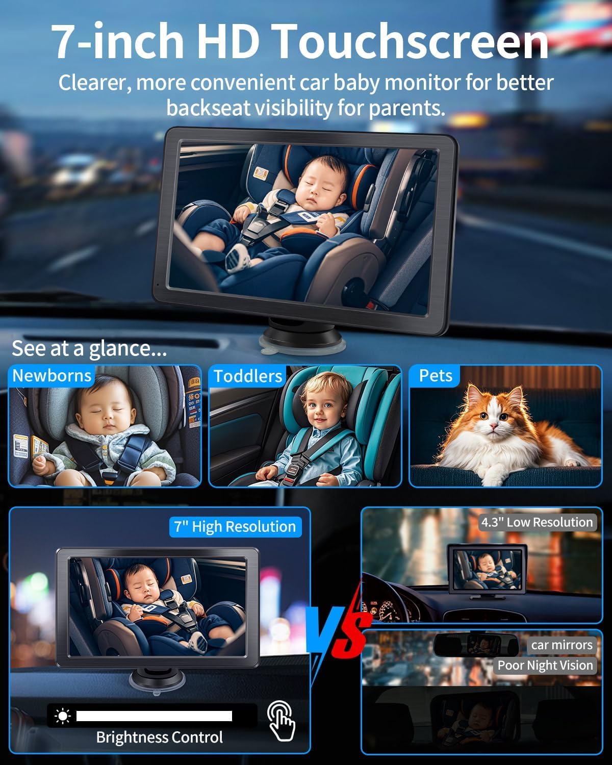 Faninso Baby Car Camera, 1296p HD, Car Baby Monitor with 7" Touchscreen, CarPlay, No-Glow Night Vision, 150° Wide Angle, Live Rear Seat View, Easy Installation, Fits Most Cars